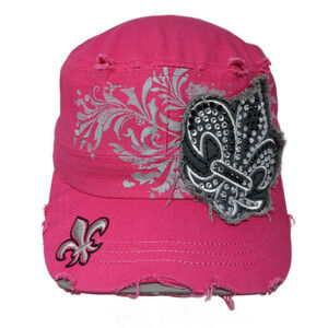 Fleur De Lis Slideback Cadet Army Cap Pink One Size Distressed Rhinestone Leader
